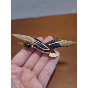 Vtg 70s Mallard Duck Brooch Pin Carved Wood Hand Painted Figural‎ Bird Signed